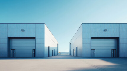 Fototapeta premium A photograph of two modern warehouse buildings with double doors, against a blue sky background