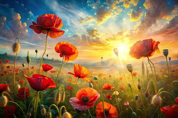 Obraz premium Vibrant floral double exposure: a surreal poppy field painting.