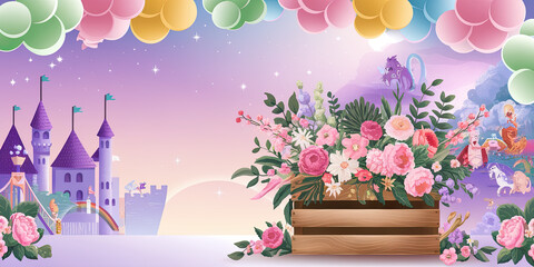 Fototapeta premium Enchanting Fairytale Castle Scene with Colorful Flowers in Wooden Crate