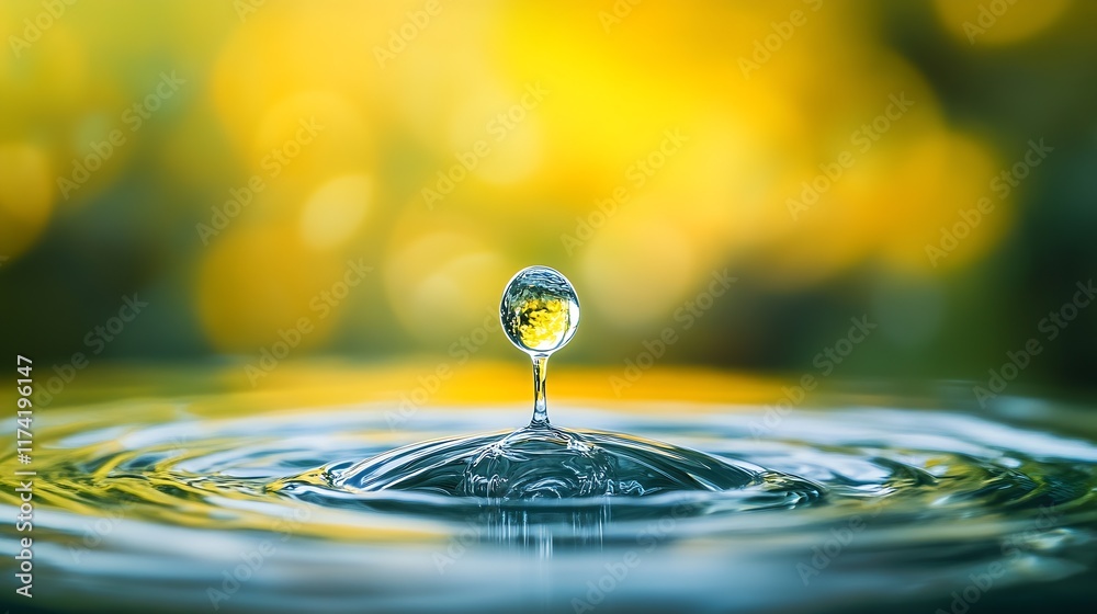 Aufkleber Single Water Droplet Creating Ripples with Bokeh Effect in Peaceful Natural Setting : Generative AI