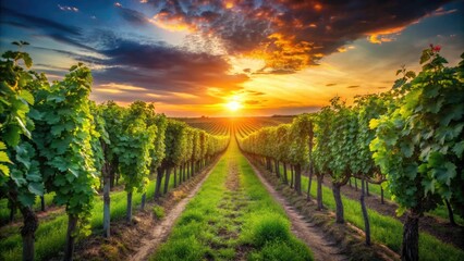 Naklejka premium Vineyard rows ablaze, ripe grapes basking in sunlight, a wine country autumn dream.