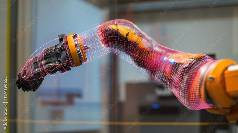 Poster robotic arm performing industrial automation tasks in a modern factory, enhanced by an augmented rea
