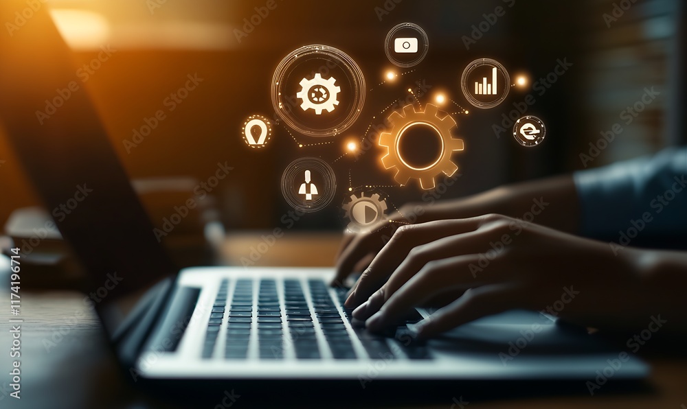 Aufkleber Close Up of Hands Typing on Laptop with Abstract Digital Icons : Generative AI