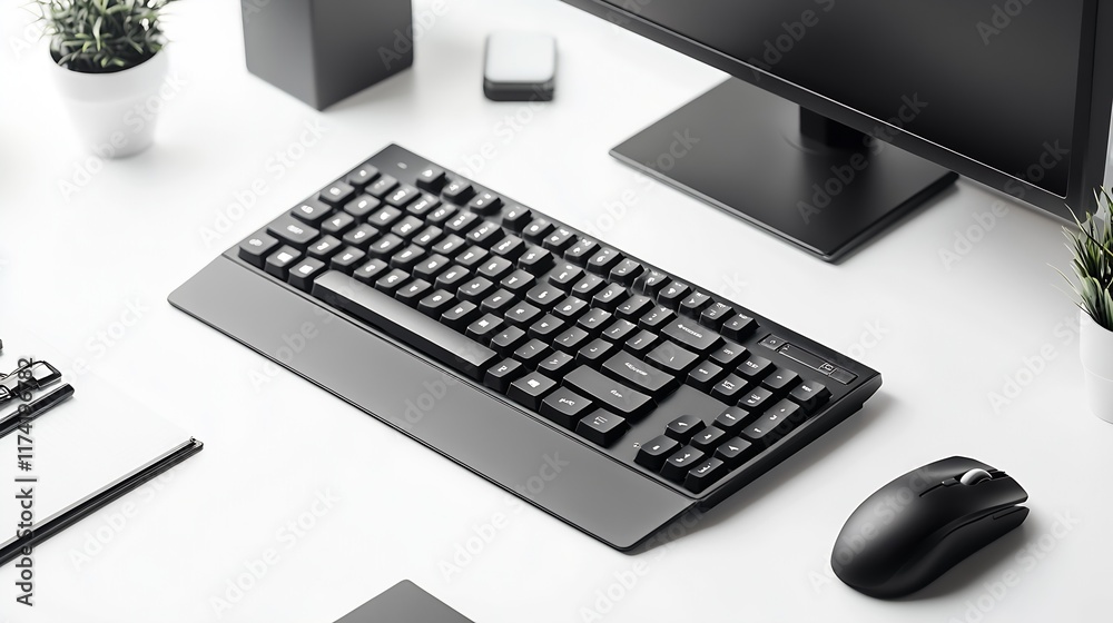 Poster Modern Minimalist Workspace Setup with Black Keyboard and Computer Accessories : Generative AI
