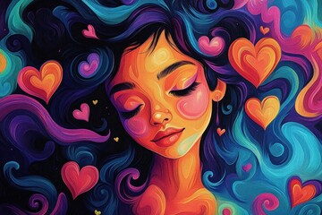 Colorful Abstract Illustration of Mother and Child with Swirling Hair and Floating Hearts