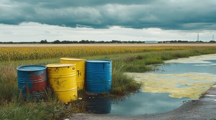 Waste Barrels Near Rural Water Source on Overcast Day
