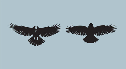 A black silhouette crow bird set crow, raven silhouette. Isolated Background Vector silhouette ravens birds outline sxa