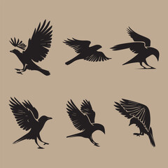 A black silhouette crow bird set crow, raven silhouette. Isolated Background Vector silhouette ravens birds outline sxa