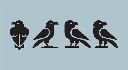 A black silhouette crow bird set crow, raven silhouette. Isolated Background Vector silhouette ravens birds outline sxa