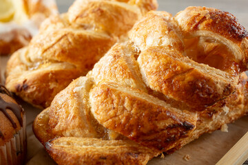 A closeup view of a braided Danish pastry.