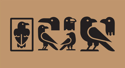A black silhouette crow bird set crow, raven silhouette. Isolated Background Vector silhouette ravens birds outline sxa