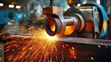 Electric wheel grinding on steel structure in factory