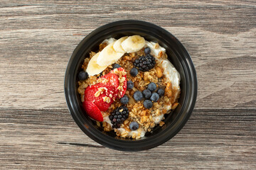 A top down view of a yogurt bowl.