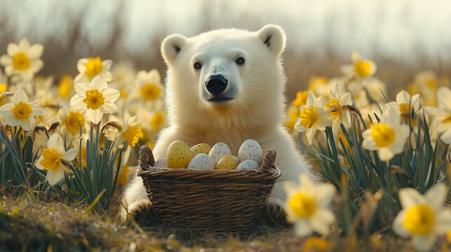 Polar bear playing with easter eggs