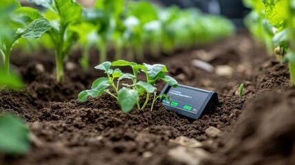 Soil moisture meter is measuring the humidity and temperature of the soil in a cultivated field, helping farmers optimize irrigation and improve crop growth