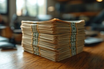 Obraz premium Counting Cash on Laptop in Modern Office Setting with Natural Light