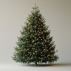 A beautifully decorated Christmas tree with warm-toned lights, standing elegantly against a neutral background.