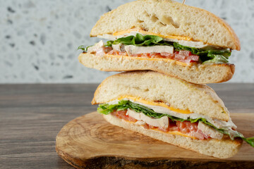 A view of a stacked turkey sandwich.