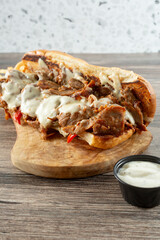 A view of a steak sandwich.