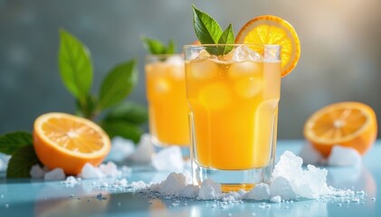 Fototapeta premium Glass of cold orange juice on icy block with frozen orange inside, background, citrus, frozen fruit