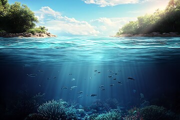 Vibrant Tropical Underwater Seascape with Sunlight and Fish in Pristine Water : Generative AI