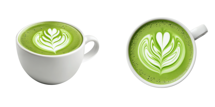 cup of matcha latte with creamy froth and beautiful leaf art design