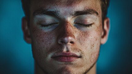 Fototapeta premium young man practicing mindfulness with closed eyes, showing calmness