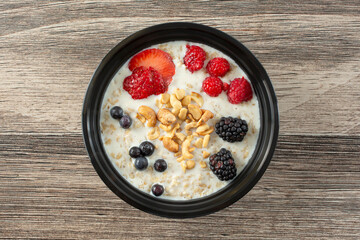 A top down view of a bowl of oatmeal.
