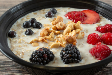 A closeup view of a bowl of oatmeal.