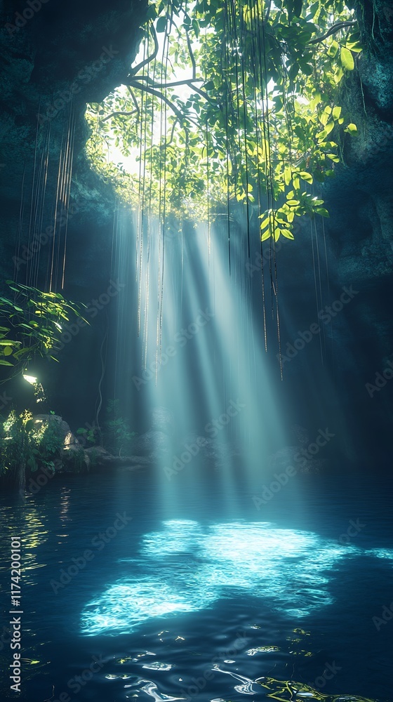 Poster Sun Rays Through Greenery in Mystical Cenote with Crystal Clear Water : Generative AI