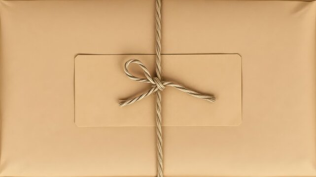 Rustic brown paper parcel tied with twine, blank label, design,material
