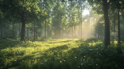 Obraz premium Sunlit path through a misty green forest.