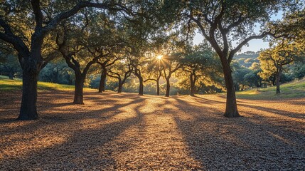 Sun shining through trees in a park.