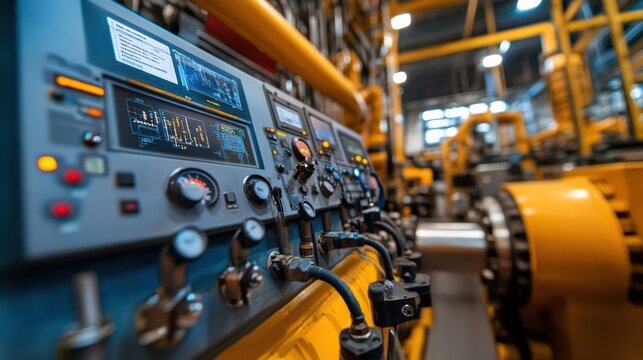 Displaying real time data on digital screens and analog gauges, enhancing insights into complex machinery performance and operational efficiency in an industrial factory setting