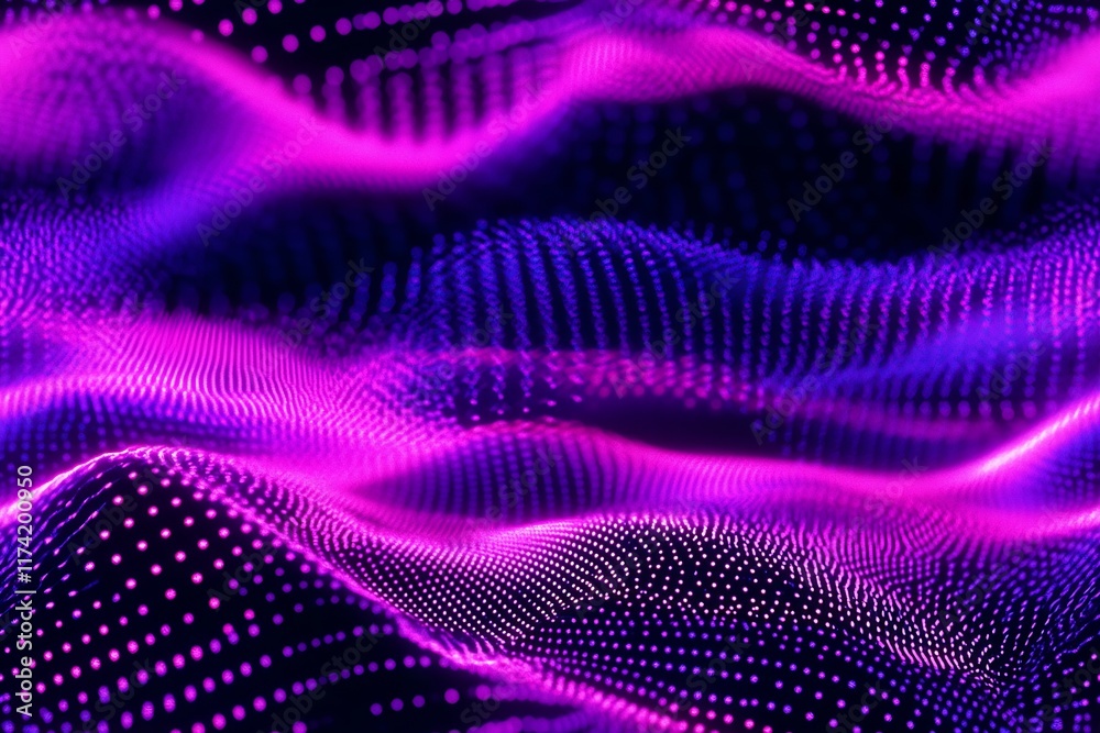 Fototapete Dynamic Abstract Purple and Pink Vortex Waveform Background with Luminous Dots : Generative AI