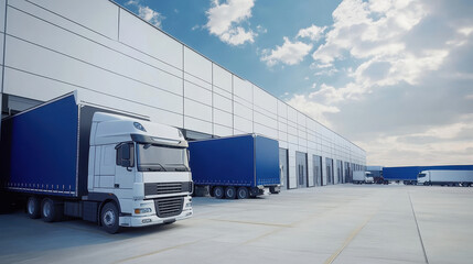 A white and blue warehouse with trucks in front of it, exterior shot, daylight, realistic