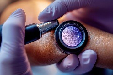 Close up of doctor examining skin with dermatoscope in dermatology clinic