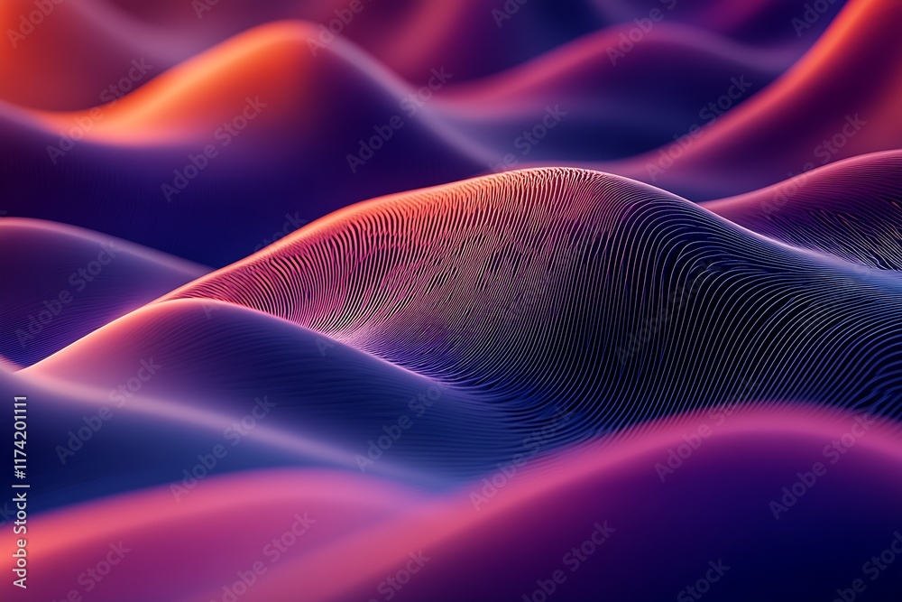 Poster Colorful Undulating Lines Creating Mesmerizing Digital Abstract Landscape in Purple and Orange : Generative AI