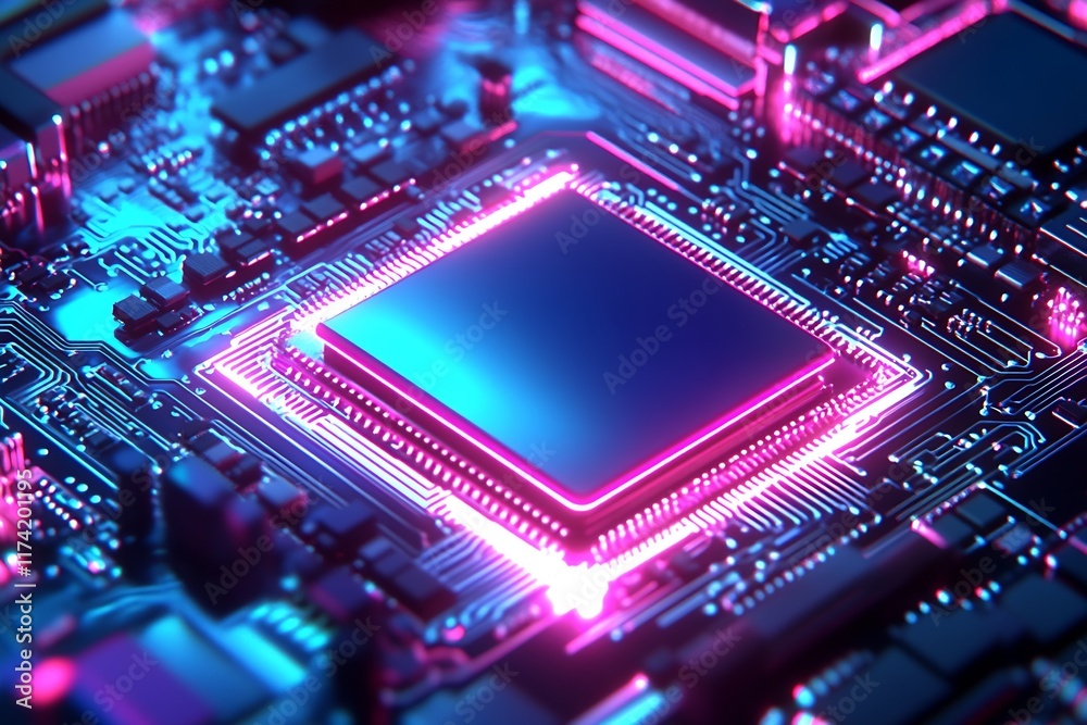 Poster Illuminated Circuit Board Microchip with Digital Technology and Neon Lights : Generative AI