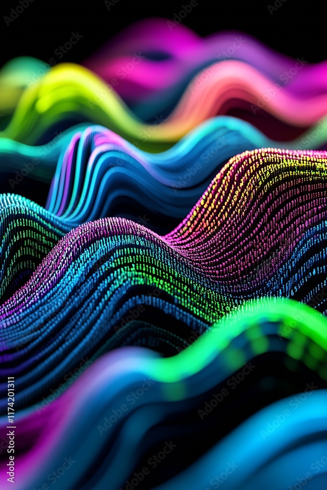 Aufkleber Abstract Neon Waveform Art with Colorful Gradient Vibrations : Generative AI