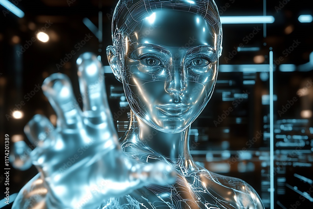 Aufkleber High-tech cybernetic humanoid robot with luminous circuitry in digital futuristic setting : Generative AI