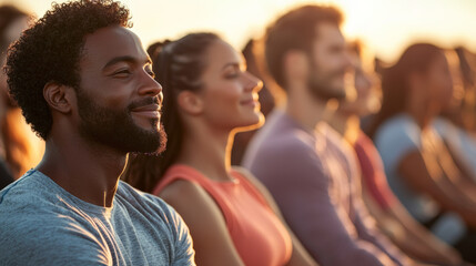 Obraz premium Diverse group of people enjoying fitness class outdoors at sunset