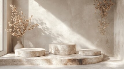 Beige Stone Podium Mockup with Dried Flowers - Calm Minimalist Scene