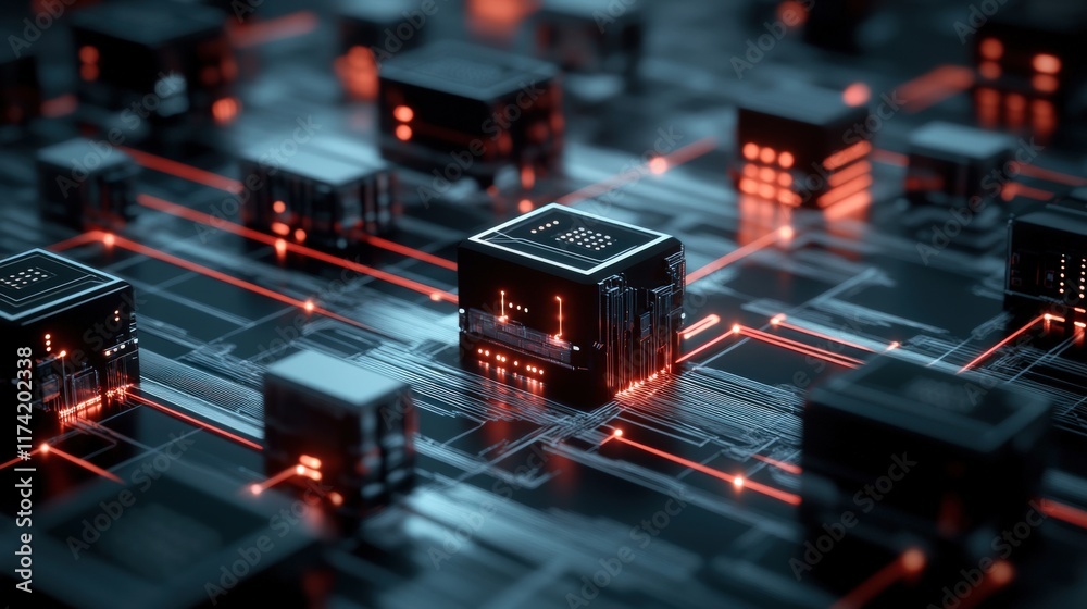 Poster High-Resolution Close-Up of Futuristic Circuit Board Featuring Brightly Illuminated Processors and Complex Wiring in a Dark Environment