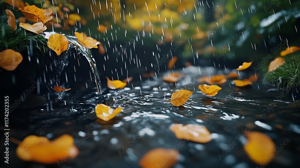 Poster serene autumn stream with falling leaves and gentle waterfall : generative ai