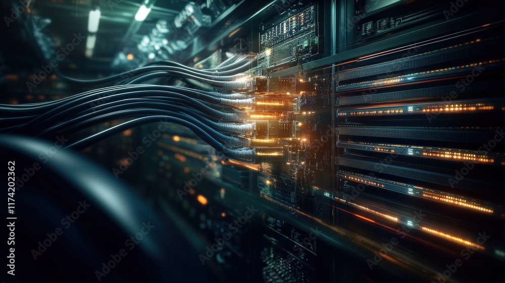 Poster High-Tech Data Server with Illuminated Circuitry and Connected Cables in a Modern Data Center Environment