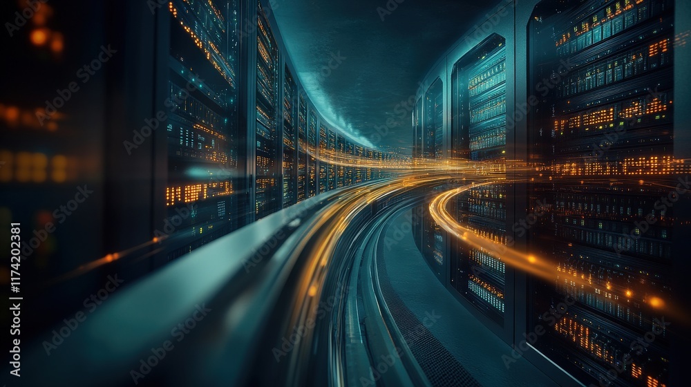Poster Futuristic Data Center with Streamlined Lights and High-Tech Servers Illustrating Modern Technology and Digital Connectivity in a Dynamic Environment