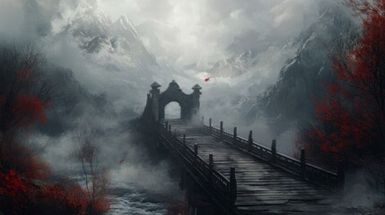 Fototapeta premium Mysterious Stone Bridge in Misty Mountains - Fantasy Art