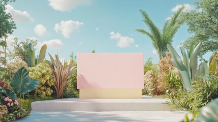 Pastel Pink Signboard in Lush Tropical Garden - Summer Mockup