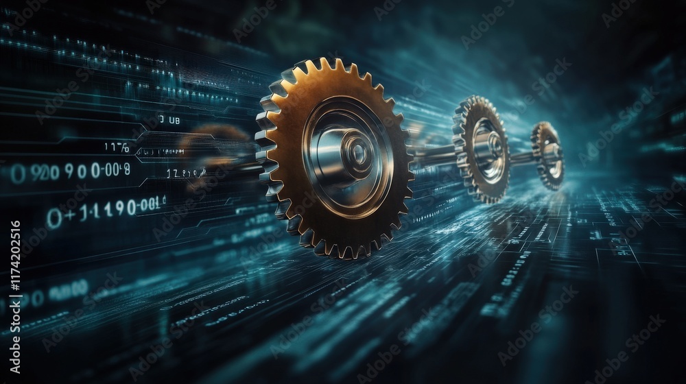 Poster high-quality close-up of interlocking gears with futuristic digital background illustrating technolo